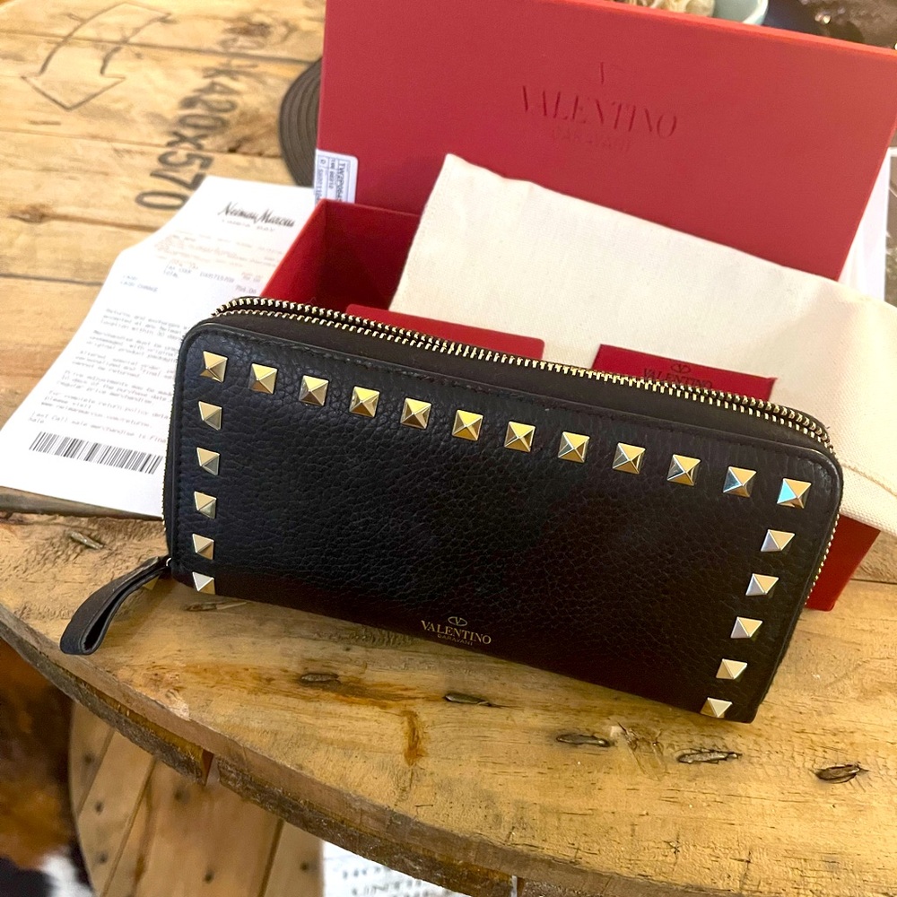 Valentino Rockstud Leather Zip Around Wallet